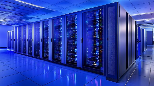 High-tech server room with sleek equipment and glowing blue panels