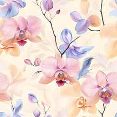 Beautiful abstract floral background with pink orchids, purple flowers, and tropical blooms in a decorative design, showcasing petals, branches, and natural spring beauty.