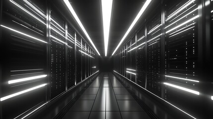 Obraz premium Symmetrical server room featuring rows of sleek glowing racks