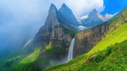 Obraz premium Majestic waterfall cascading down steep mountainside, rainbow visible amidst mist and dramatic peaks.