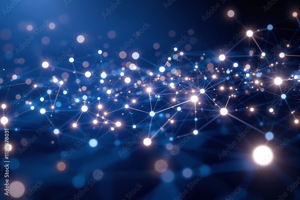 Poster abstract glowing nodes and lines forming a connected network on a deep blue background, representing