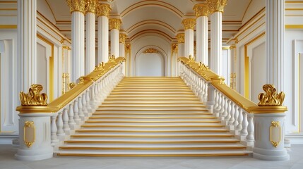 Fototapeta premium Grand Staircase 3D Render: Majestic, Golden Accents in Opulent Palace Setting. AI Generated