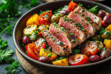 Gourmet Salmon Meal, Vibrant Vegetables on Rustic Wooden Board, Indoor Setting for Food Photography