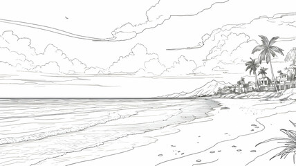 Summer sea beach scene view one line drawing illustration. Continuous line art hand drawn vector styles