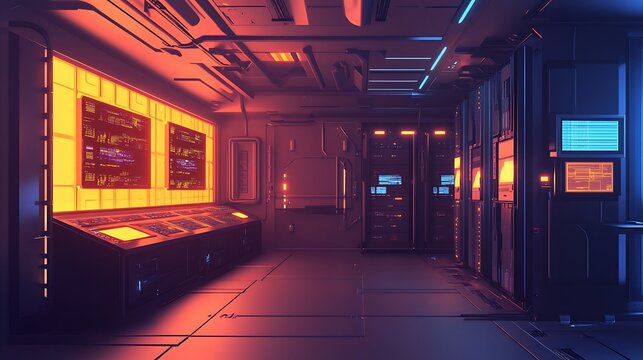 Organized server room interior with bright glowing panels and sleek racks