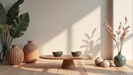 Elegant still life composition with natural elements and warm light, 3d rendering of interior design concept.