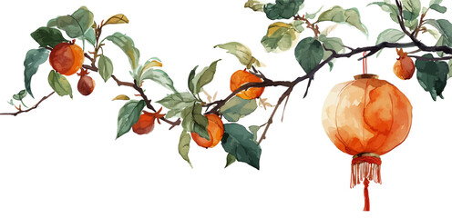 Chinese lanterns hanging on branches vector watercolor illustration, winter branches, Christmas branches, lunar new year, new year's eve