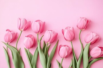 Beautiful composition spring flowers. Bouquet of pink tulips flowers on pastel pink background. Valentine's Day, Easter, Birthday, Happy Women's Day, Mother's Day. Flat lay, top view, copy space
