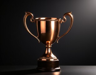 A golden trophy with two handles stands on a dark surface, casting a shadow on the table.