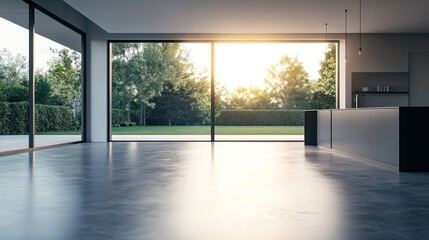 Fototapeta premium Modern empty room with large windows overlooking a lush green garden bathed in sunset light.