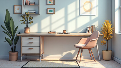 A bright and cozy home office space with natural light and minimalist decor, digital illustration of interior design concept.