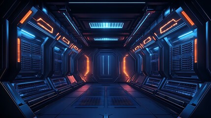 Modern server room interior with glowing panels and symmetrical design