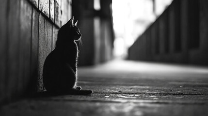 Silhouette of a cat sitting alone in a quiet alley during early evening. 