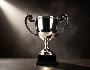 A silver trophy with two handles and a gold base is illuminated by a spotlight, casting a shadow on a dark surface.