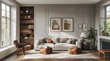 Fototapeta premium A living room with a white couch, two leather ottomans, and a bookshelf filled with books. AI generative. .