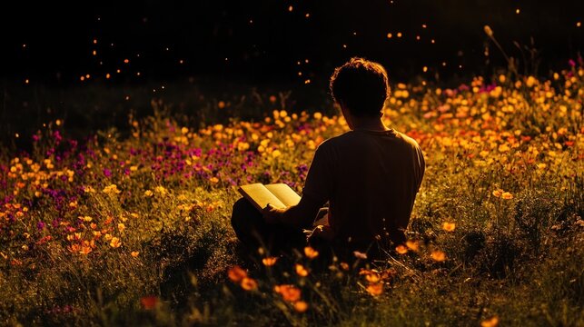 Man reading book in a field of flowers at sunset, fireflies glowing.