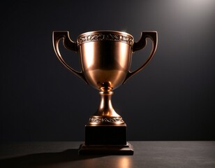 A golden trophy with intricate designs on its base and handles stands on a dark surface, illuminated by a spotlight.
