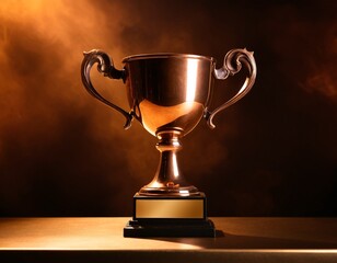 A golden trophy with a gold plaque sits on a wooden table, illuminated by a warm, golden light against a dark background.