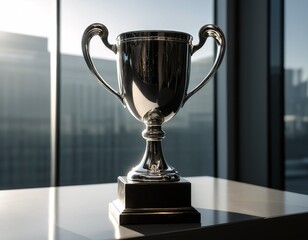 A shiny silver trophy with two handles sits on a black pedestal, reflecting light in a room with large windows.