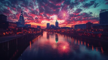 Naklejka premium A vibrant sunset over a city river, enhanced by fireworks and dramatic clouds.