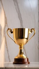 A golden trophy with two handles sits on a marble surface, reflecting light and positioned centrally against a marble wall.