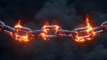 Fiery Chains: Intense 3D Render of Burning Metal Links Against Dark Clouds. AI Generated