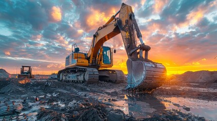 Yellow excavator digging dirt at sunset. AI generative. .