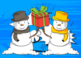 Cartoon Gift Box and Snowman, comic book Holiday. Retro vector comics pop art design.