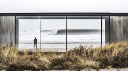 Person viewing ocean waves through modern glass-walled structure.