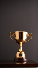 A golden trophy with two handles sits on a dark wooden surface against a black background.