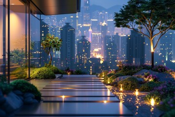 Fototapeta premium A nighttime view of a modern building rooftop with a walkway, plants, and a city skyline in the distance. AI generative. .