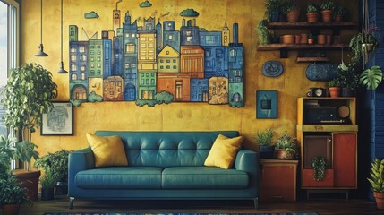 Teal sofa in vibrant living room with city mural, plants, and vintage furniture.