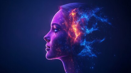 Intensely Vibrant Digital Painting: Woman's Profile Transformed by Energetic Flames. AI Generated