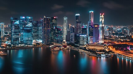 Obraz premium Night cityscape panorama with illuminated skyscrapers reflecting on calm waters.
