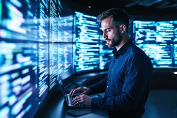A man typing on a laptop in front of illuminated screens showing programming code, in a dim tech room. Concept of cybersecurity or data analysis. Ai generative
