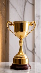 A golden trophy with intricate designs sits on a marble base, reflecting light and surrounded by a marble wall.