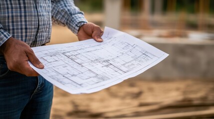 Naklejka premium Construction worker reviewing blueprints at a building site.