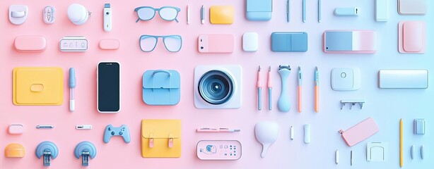 Fototapeta premium Abstract infographic of essential travel gadgets, pastel icons and design for a modern touch