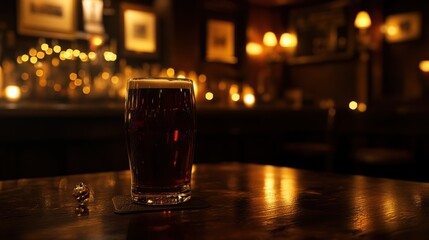 Pint of dark beer on a pub table.