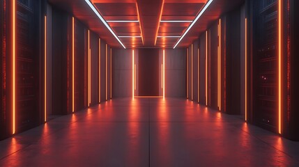 Sleek server room with glowing panels and minimalist advanced systems