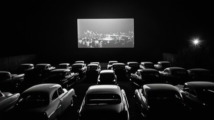 Classic drive-in movie theater at night, showcasing vintage cars and a large screen displaying a black and white film.