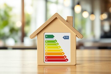 Wooden house model displaying an energy efficiency rating chart in vibrant colors. Blurred indoor background. Symbolizing energy saving and efficiency. Ai generative