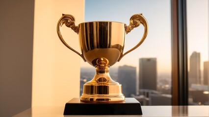 A golden trophy with two handles sits on a black pedestal, with a cityscape visible through a window in the background.