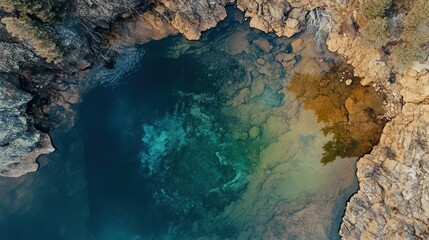 Obraz premium Aerial view of a serene, turquoise pool nestled in rocky terrain.