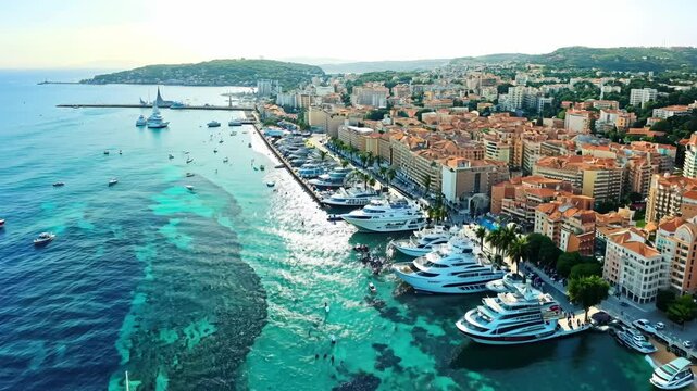 Aerial View of Cannes City on the French Riviera: Luxury Yachts, Beaches, and Panoramic Coastline in 4K