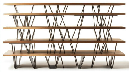 Modular shelving unit with industrial style featuring wooden shelves and metal supports, perfect for modern interiors