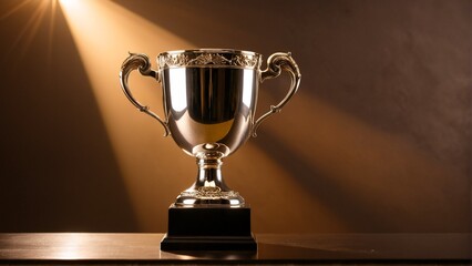 A gleaming trophy with two handles and a base sits on a dark surface, bathed in a warm, golden light.