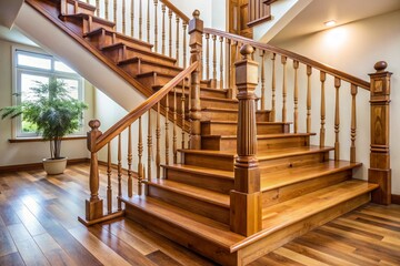 A staircase made of wood with a glass door leading to a balcony