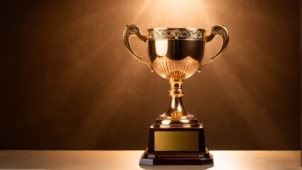 A golden trophy with a gold base and a gold rim, adorned with a gold handle and a gold platter, stands on a wooden base against a brown background.