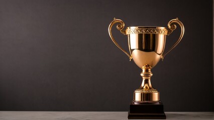 A golden trophy with two handles stands on a dark surface, reflecting light and contrasting with the background.